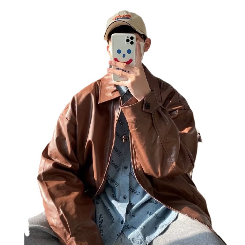 PU chaqueta de cuero de los hombres de moda americana marca calle moda guapo motocicleta estilo chaqueta otoño suelta retro pareja solapa superior