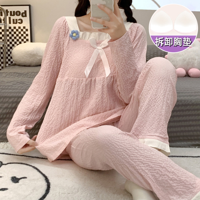 Primavera y otoño nuevo pijamas de las mujeres tejido crepe cuello cuadrado pullover pantalones manga larga con almohadilla en el pecho dulce desgaste del hogar traje