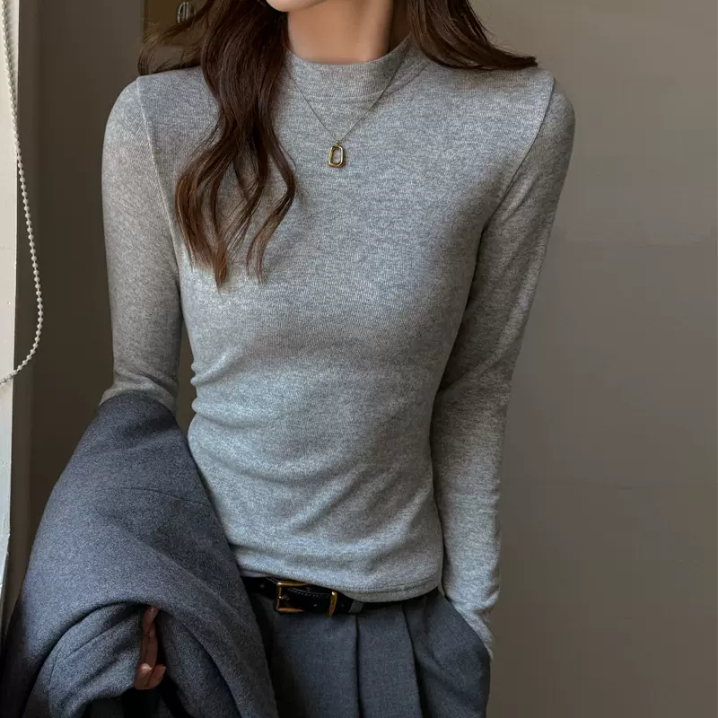 灰色仿羊绒立领针织打底衫女内搭秋冬季正肩t恤高级感可外穿上衣
