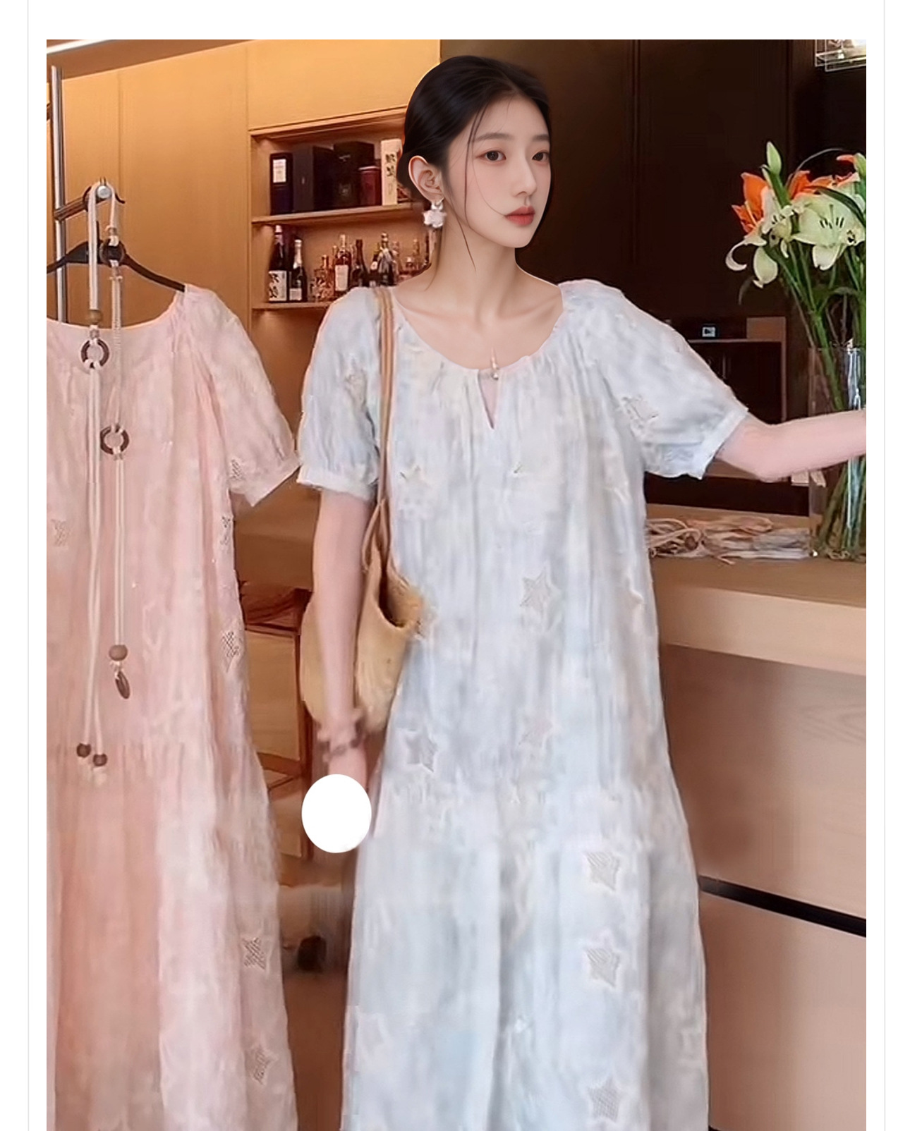 Váy maxi cổ tròn kiểu Pháp thêu ngôi sao phong cách ngọt ngào — màu xanh nhạt chi tiết 2