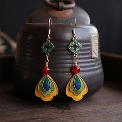 ベルベットの花の七宝花びらイヤリング、中国風のカラフルなスタックイヤリング、小さな新鮮な敦煌スタイルの衣類マッチングイヤリング