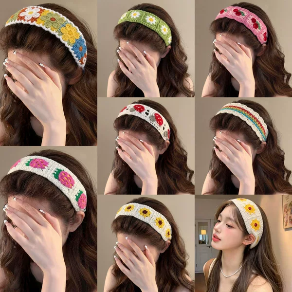 Floral knitted headband with bangs patch, sweet butterfly magic tape, children's hair tidying headband, women's high-end headband