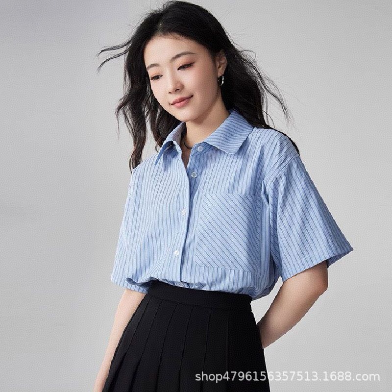 2026夏季新款短袖条纹衬衫女休闲宽松职业面试装通勤百搭衬衫女