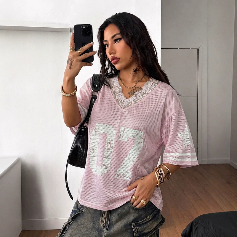 Zt8377 Pink Mesh Lace Splicing V-Neck Short-Sleeved Basketball Shirt Summer Printed Casual Sports Loose Top