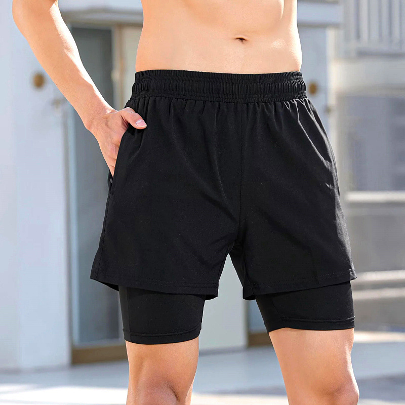 New Product Two-In-One Double-Layer Compression Quick-Drying Sports Shorts Running Fitness Training Breathable Quarter-Length Pants Men's Beach Pants