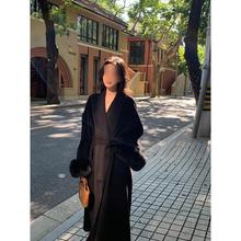 韩版少女保暖毛呢外套女冬季毛毛拼接收腰绑带气质中长款呢子大衣