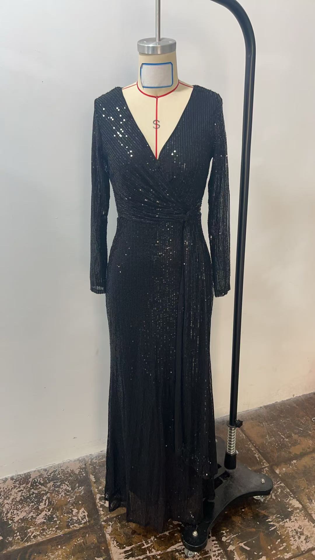 Elegantes Langarm Pailletten Abendkleid Für Damen Einfarbig_voghion.com