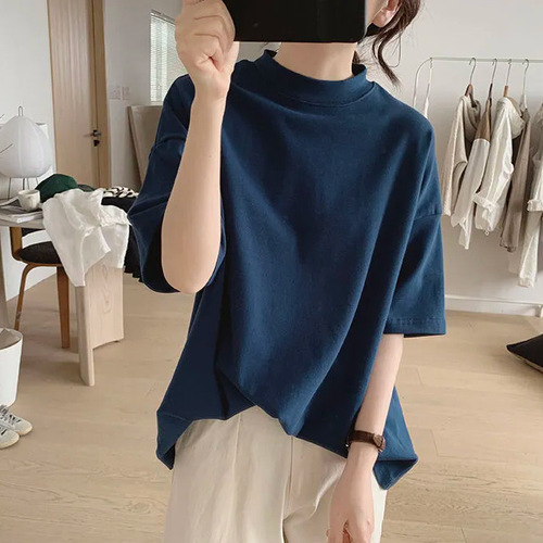 Half turtleneck T-shirt women's new spring and summer loose slimming Korean style simple half-sleeved age-reducing cotton basic top