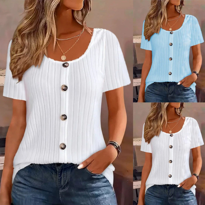 2026 new cross-border European and American women's spring and autumn ribbed round-neck button-down casual short-sleeve T-shirt trendy women's fashion 2026 new cross-border European and American women's spring and autumn ribbed round-neck button-down casual short-sleeve T-shirt trendy women's fashion