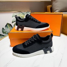 欧美新款H家休闲情侣运动鞋飞织真皮透气舒适系带拼色跑步鞋外贸