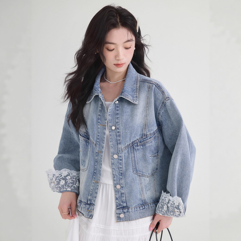 甜美少女蕾丝拼接袖口牛仔外套女秋季2025新款宽松小个子外搭上衣|undefined