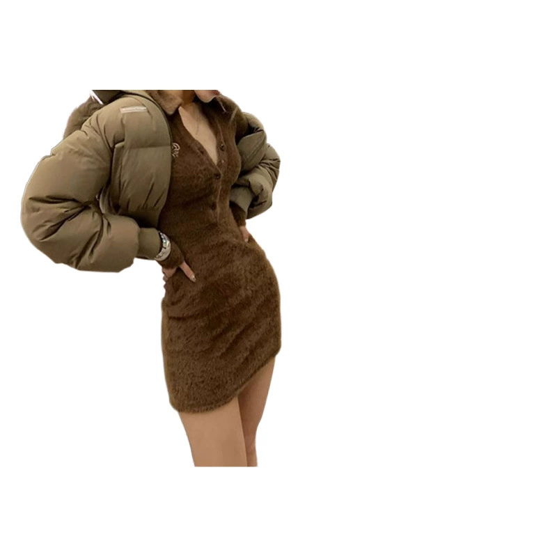 Winter down jacket, short brace with hood with down, increased thickness
