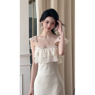 2026新款时尚法式初恋小飞袖白色吊带连衣裙子女夏季海边度假收腰