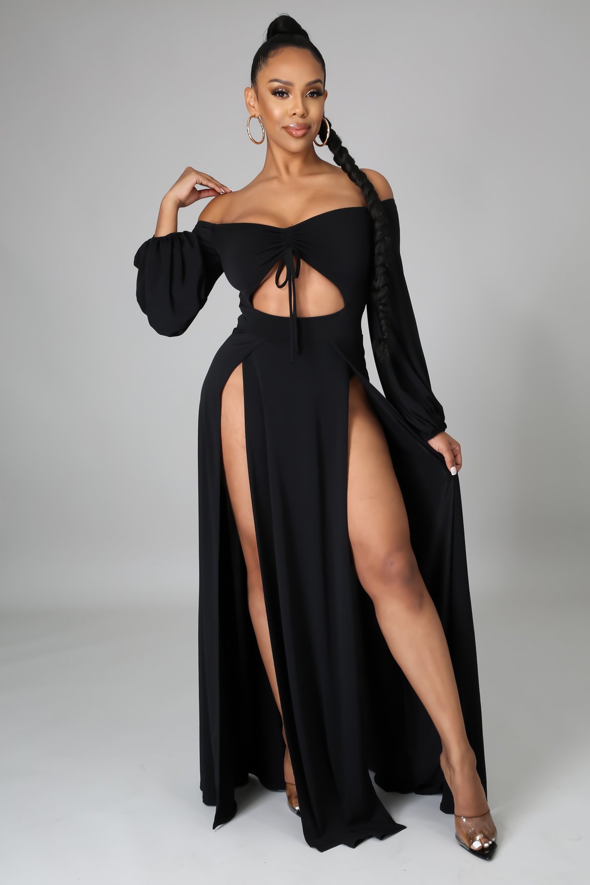 Solid Color Off-Shoulder Hollow Long Sleeve Slit Dress NSMRF116540