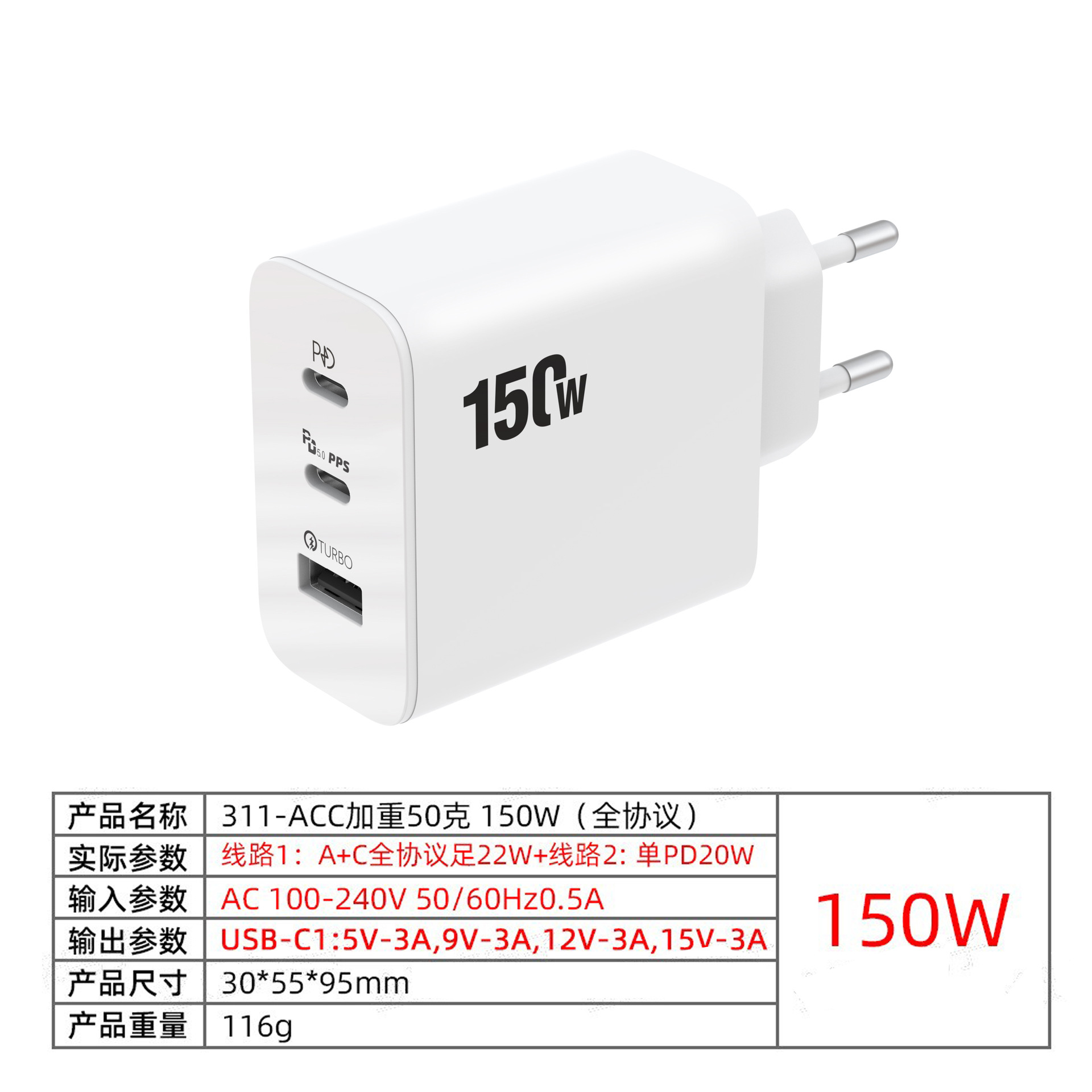 Nuevo modelo privado transfronterizo 2Type-C usb protocolo completo cabezal de carga súper rápido cargador 150W estándar europeo/americano/británico