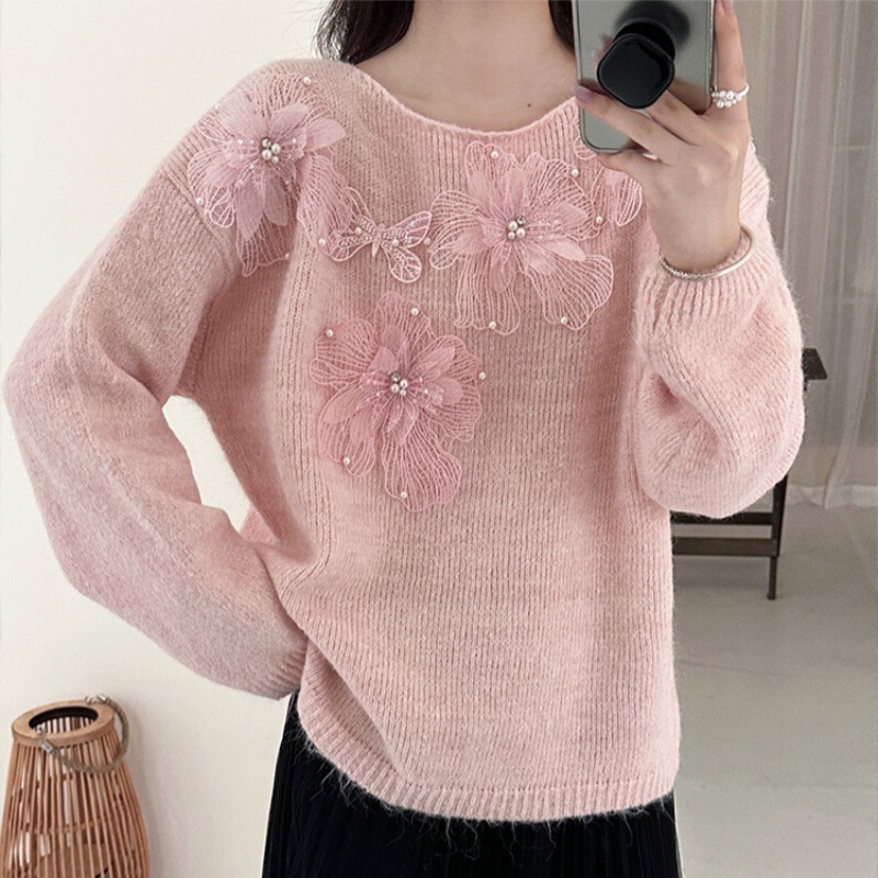 Heavy-Duty Three-Dimensional Floral Soft Sweater for Women, 2025 Autumn and Winter New Loose Lazy Style Knit Top, Korean Style Heavy-Duty Three-Dimensional Floral Soft Sweater for Women, 2025 Autumn and Winter New Loose Lazy Style Knit Top, Korean Style