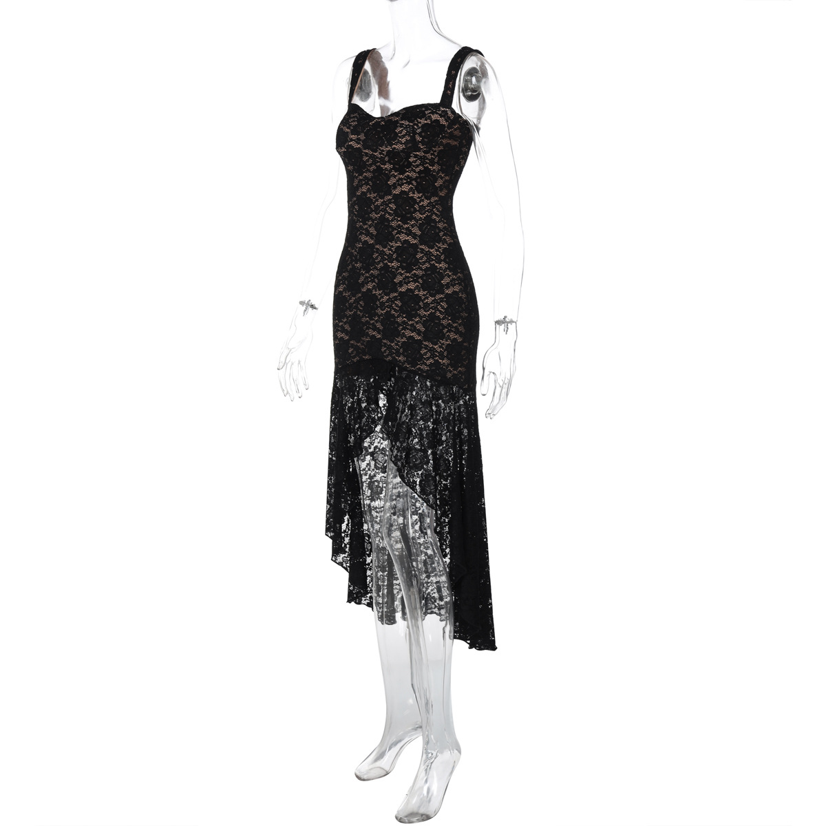 Suspenders Sexy Lace Low Cut Slim Fit Sheath Irregular Asymmetric Swing Circumference Dress
