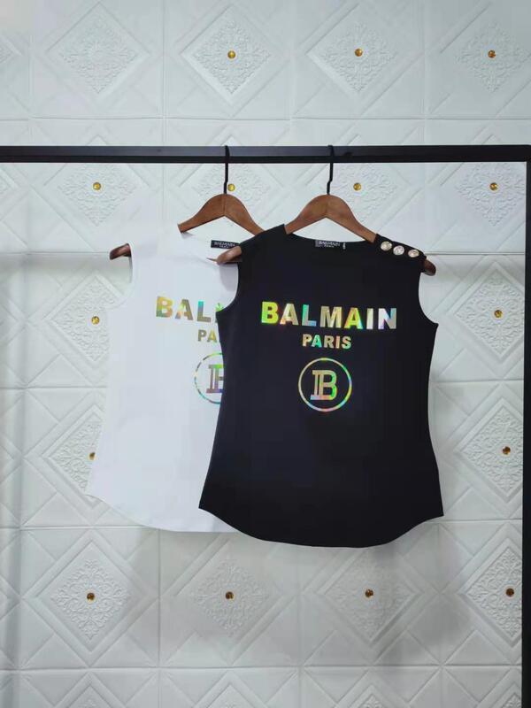 25Ss Spring and Summer New Balmain Laser Letter Balmain Cotton Round Neck Gold Buckle Sleeveless Vest T-Shirt for Women