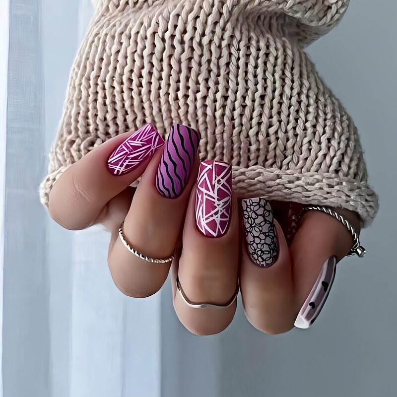 Christmas short square nails with purple snowflakes and reindeer, Christmas-themed fake nails, ready-to-wear holiday manicure