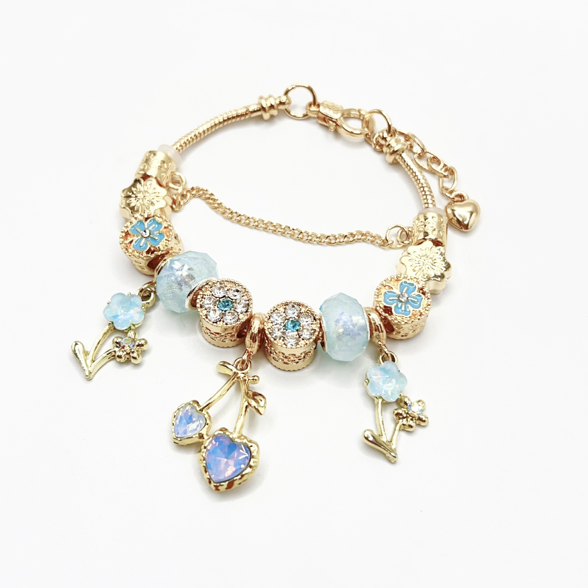 Cherry Blossom Bracelet Gold Blue Adjustable Floral Bangle_voghion.com