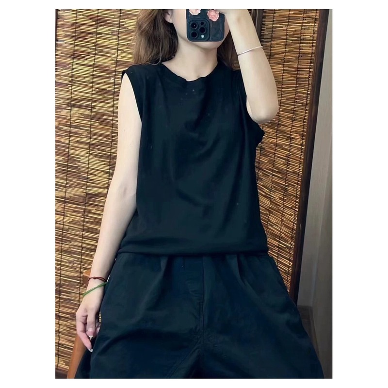 綿ルーズベストレディースアウター春夏ファットMM大きいサイズ痩身ラウンドネックノースリーブTシャツインナーレイヤリングトップ|undefined