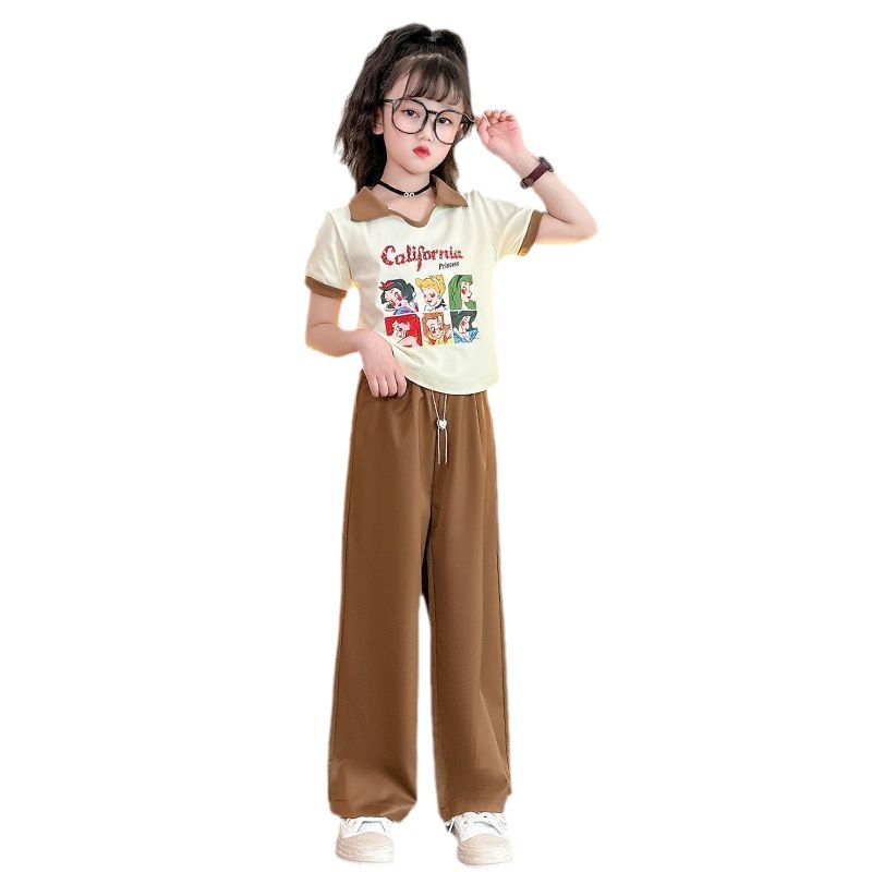 Traje de pantalones anchos casuales de verano para niñas 2023 nueva ropa de estilo occidental de moda traje de dos piezas de manga corta de verano
