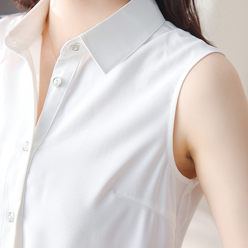 女性のためのハイエンドの白いシャツ 2025 春夏の新しい多用途のプロフェッショナルシャツ、ラペル付きノースリーブベストボトリングシャツ|undefined