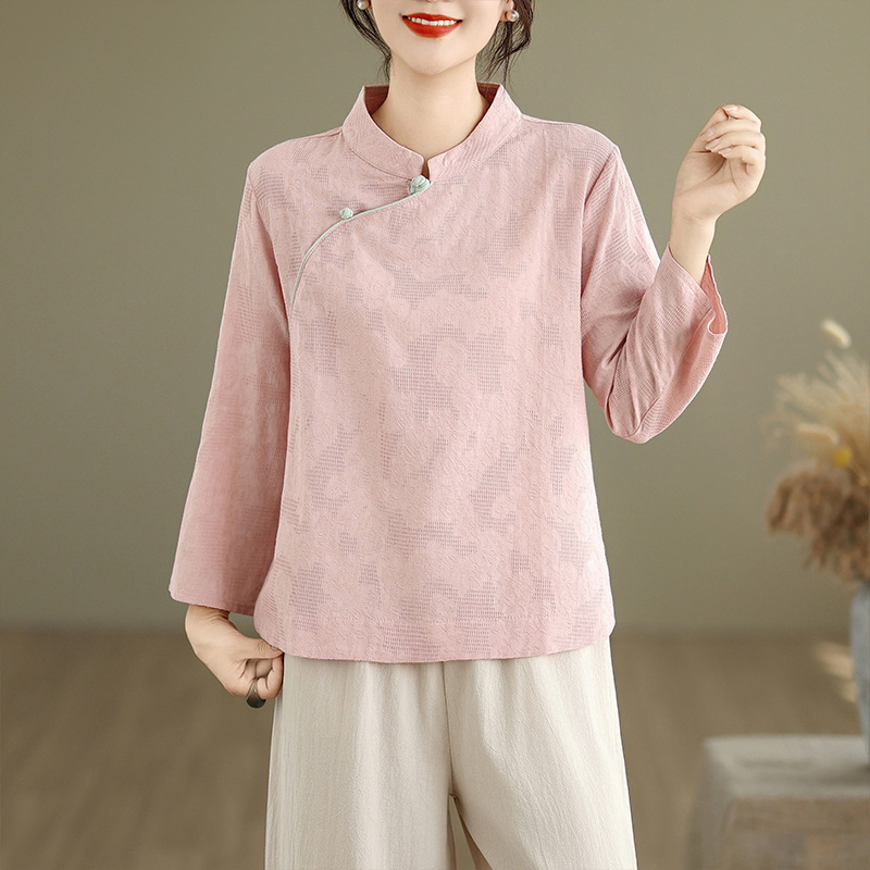 中国风立领提花斜襟中式棉麻衬衫女复古上衣茶服禅意套装|undefined