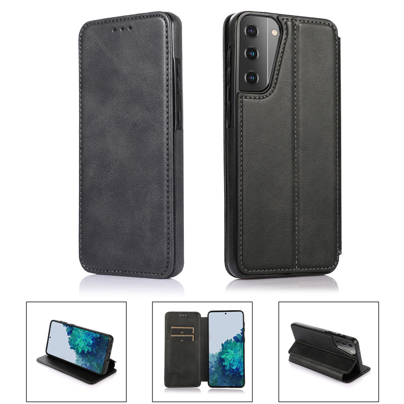 Cross-border applicable Samsung S21 small cowhide ultra-thin magnetic mobile phone case flip card S21Plus protective case
