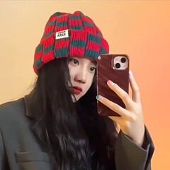新品秋冬保暖撞色棋盘格子显脸小百搭毛线帽情侣针织帽冷帽女护耳