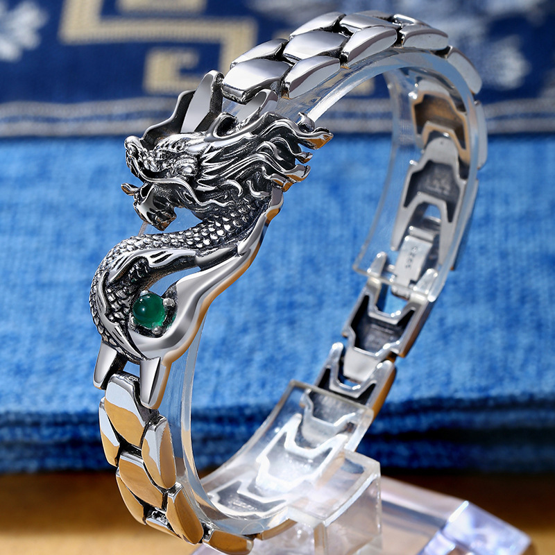 Silver-Plated Creative Watch with Green Gemstone Dragon Totem Men's Bracelet Men's Personality Trendy Simple Factory Direct Sale