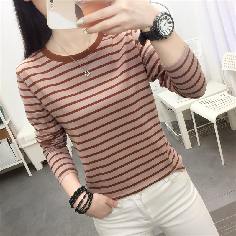 Spring and Autumn Clothes Belly Covering Cotton Top Long-sleeved T-shirt Women's Loose plus size Striped Autumn Clothes Thin Inner Base Shirt Spring and Autumn Clothes Belly Covering Cotton Top Long-sleeved T-shirt Women's Loose plus size Striped Autumn Clothes Thin Inner Base Shirt