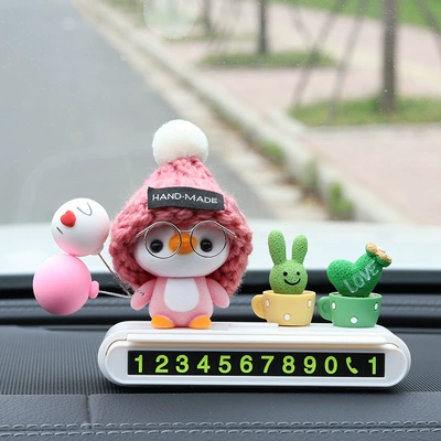 Temporary parking number plate, cute car license plate, phone number removal card, creative car accessories, decorative items for women (Nömrəli dayanma kartı) - pink-hatted-penguin-white-parking-sign-green-plants