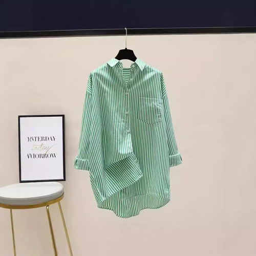 Cotton striped printed long-sleeved shirt for women 2025 spring and autumn Korean style literary loose simple mid-length cardigan shirt