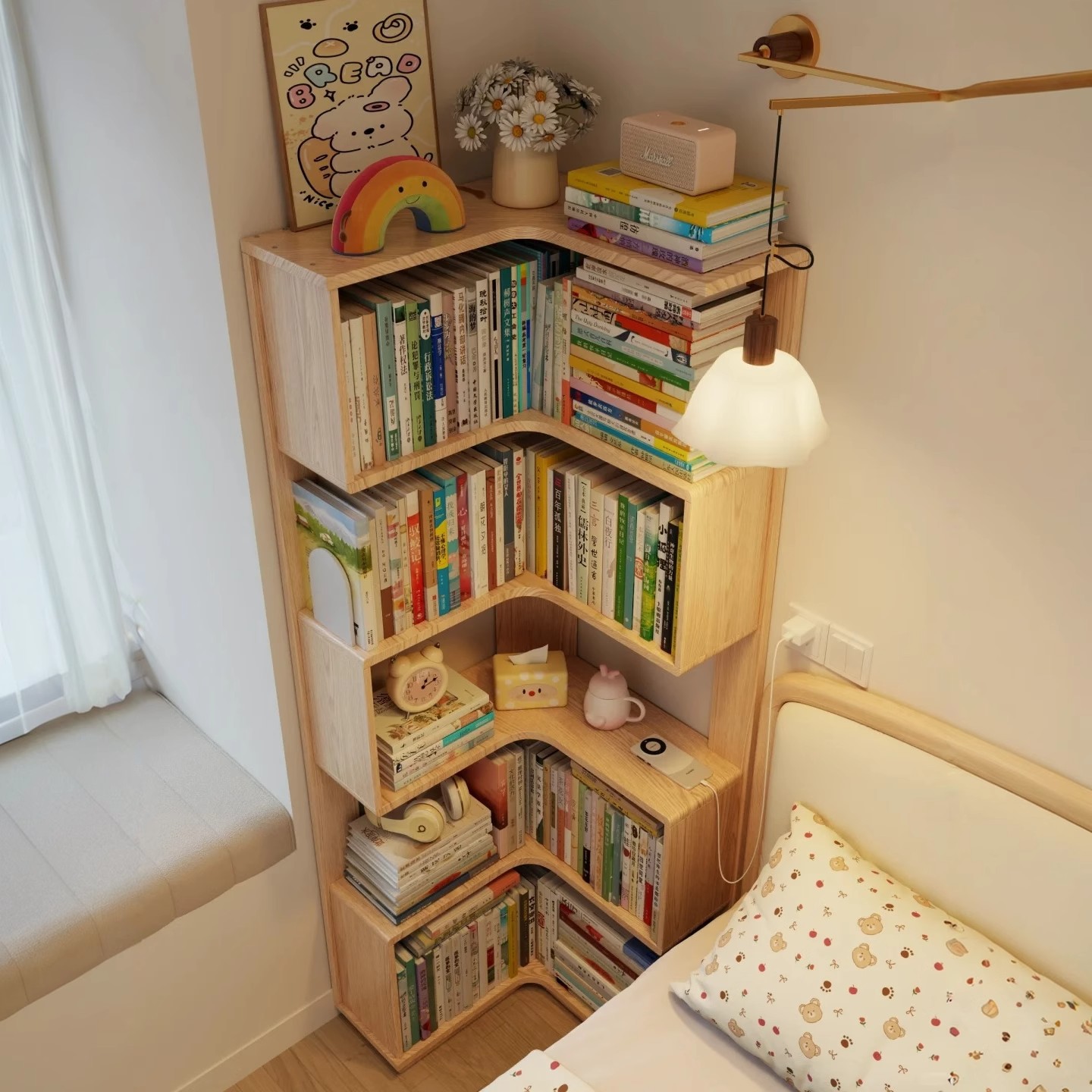 Floor-Standing Corner Cabinet Corner Storage Rack Corner Storage Cabinet Floor-Standing Bookcase Bedroom Corner Bedside Table Log Style Bookshelf