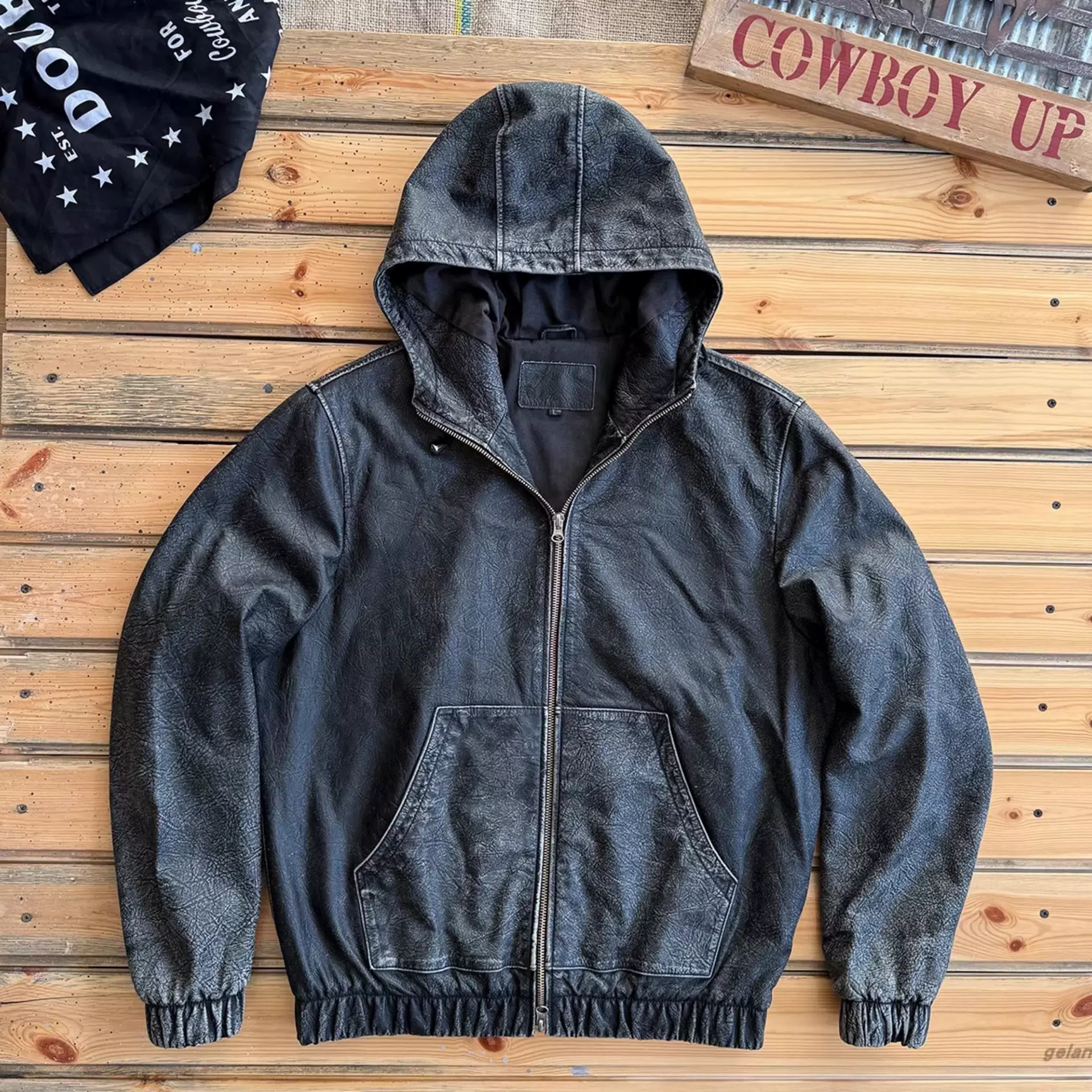 牛皮皮夹克外套男美式复古做旧头层牛皮连帽街头宽松薄款真皮皮衣