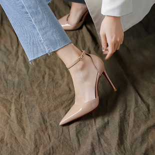 Nude High Heels Women's Stiletto Pointed Toe 2025 Spring & Fall New Sexy Red Bottom Hollow Sandals One-Word Buckle Flats