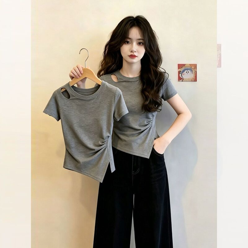 Korean-Style Ins Hollow-Out Round Neck Regular Shoulder T-Shirt for Women, 2026 New Summer Irregular Design Slim-Fit Top