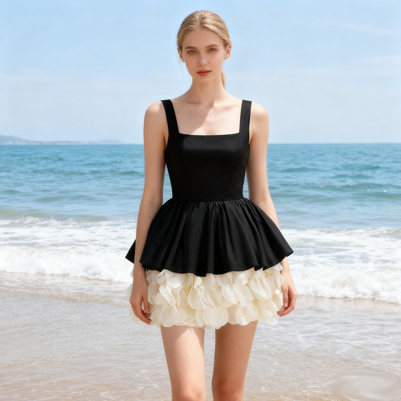 European and American Cross-Border New Retro Black and White Contrasting Square Collar Tutu Skirt Party Evening Dress High-End Suspender Dress