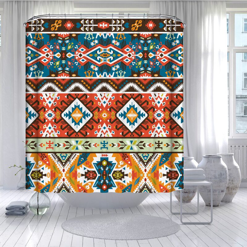 Bohemian Striped Shower Curtain Turquoise and Orange-Charming Bold Colorful Digital Print Polyester Shower Curtain