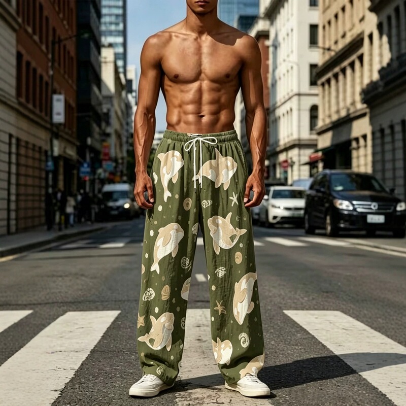 2026 Spring/Summer New Men's Wide-Leg Casual Pants, Army Green Dolphin, Starfish, and Shell 3D Print Straight-Leg Trousers 2026 Spring/Summer New Men's Wide-Leg Casual Pants, Army Green Dolphin, Starfish, and Shell 3D Print Straight-Leg Trousers