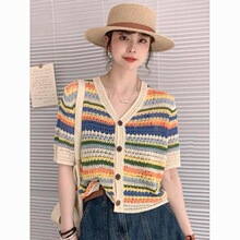 白枕鹤彩色条纹针织开衫女欧洲站夏装2026新款欧货女装洋气短外