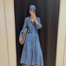 法式小众25年早秋新款复古简约七分袖V领系带中长款牛仔连衣裙女