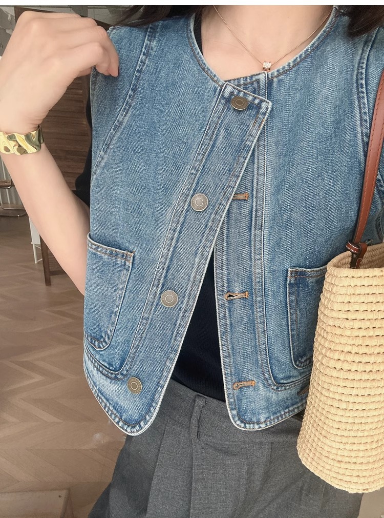 Áo vest denim nữ ngắn tay rộng rãi phong cách thời trang xuân hè — Xanh denim chi tiết 4