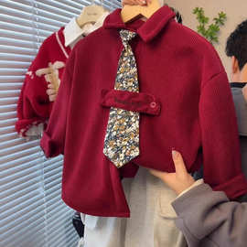 男童红色加绒衬衫2026秋冬新款年服领带绅士衬衣加厚韩版中大童潮