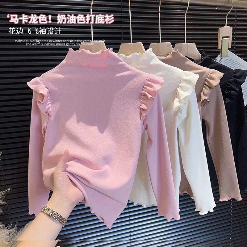 Cross-border girls' woolen base layer shirt, autumn and winter new style, fashionable children's Korean style long-sleeved T-shirt, girl's inner layer.