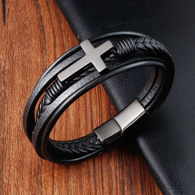 30g Weight Bracelets Classification Leather Chain Material 1 Piece Quantity Daily Occasion Leather, Titanium Steel Material Cross Pattern Men's Gender Layered, Polishing Design Retro, Ethnic Style Style Retro Ethnic Style Cross Leather Titanium Steel Layered Polishing Men's Bracelets Men Cord & Leather Bracelets 12