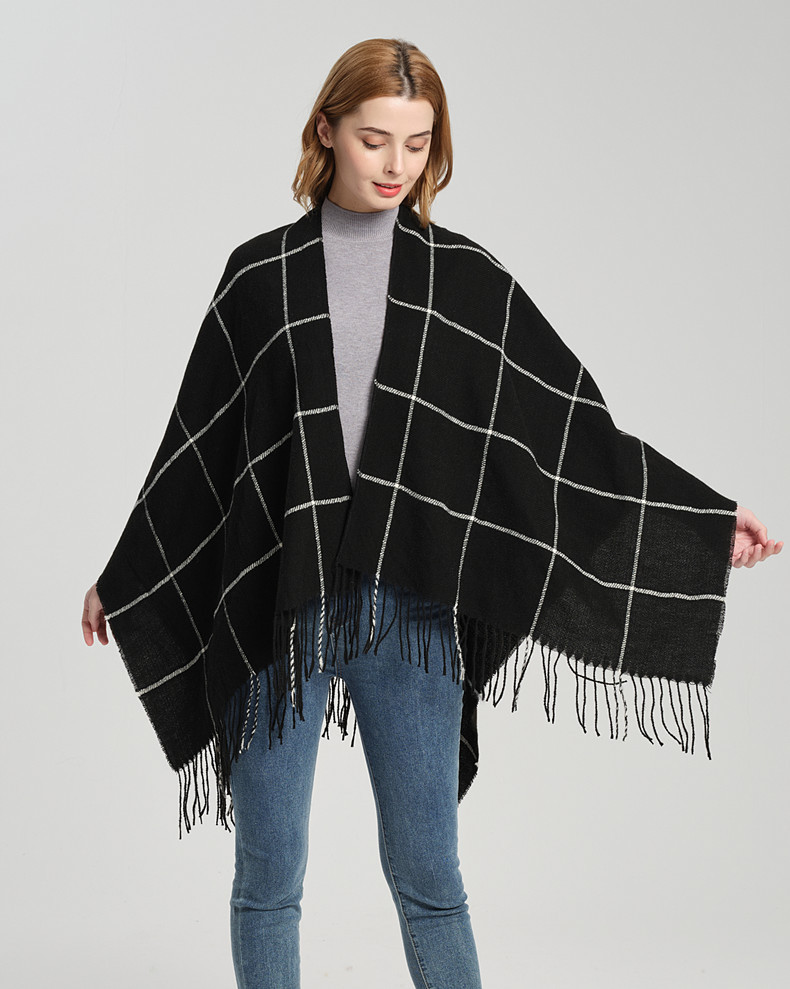 Unisex Cape Spring and winter woven acrylic large plaid tassel split cape_voghion.com