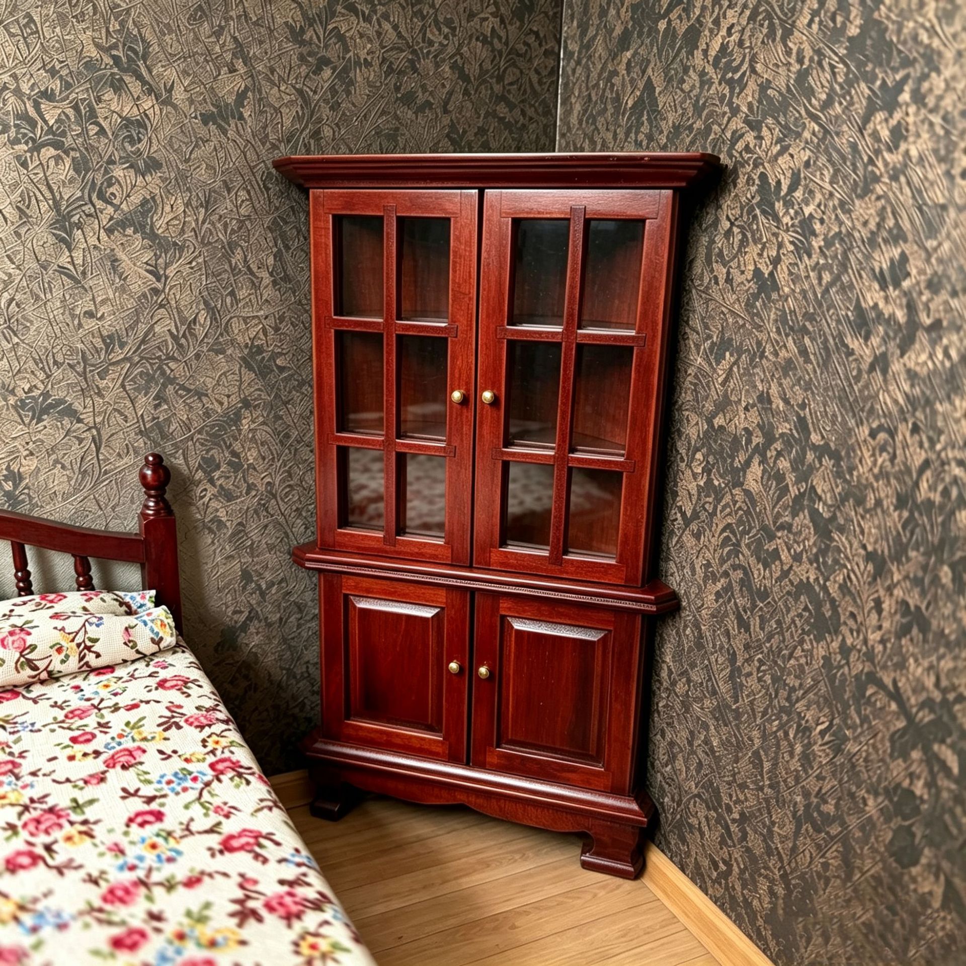 1:12 Dollhouse Vintage Solid Wood Display Cabinet Miniature Corner Cabinet European Style Bookcase Wine Cabinet Display Storage Cabinet