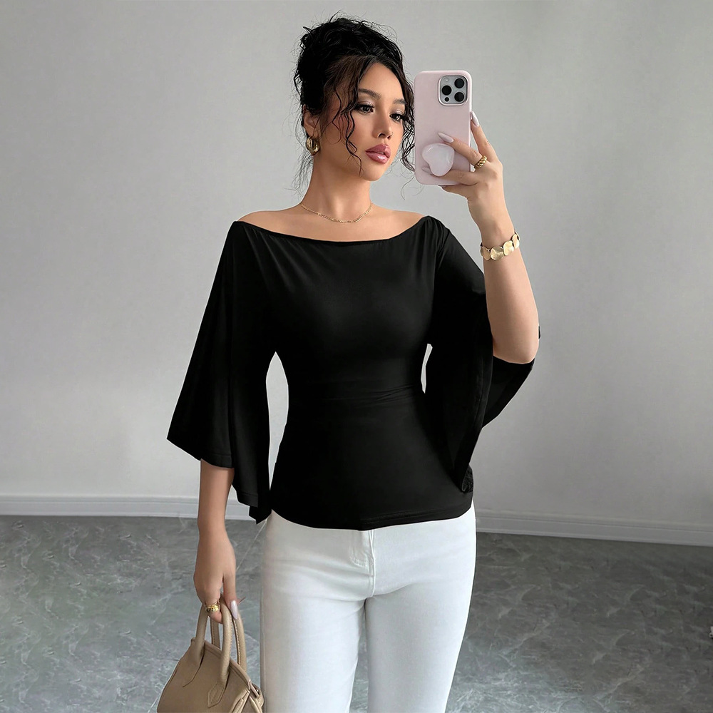 Amazon European and American cross-border retro elegant goddess style black off-shoulder flared three-quarter sleeve slim waist top